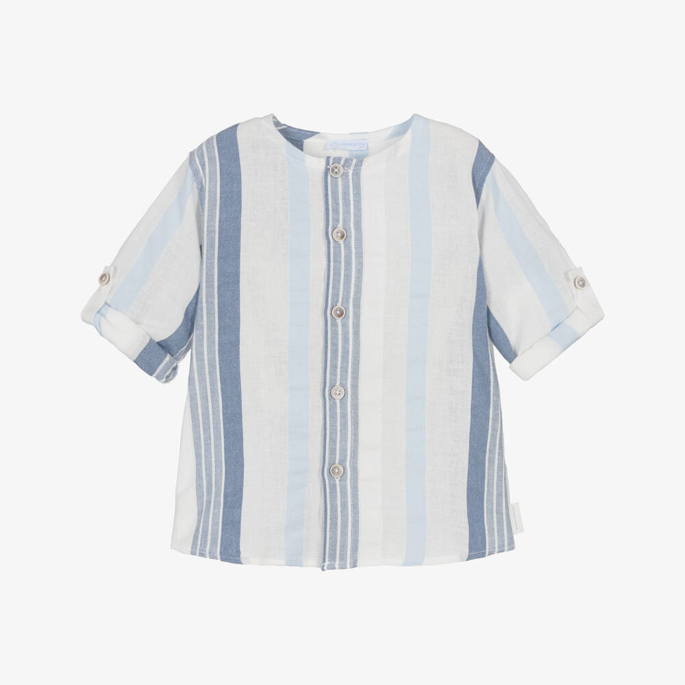 Laranjinha-Boys White & Blue Striped Cotton Collarless Shirt | Childrensalon Outlet