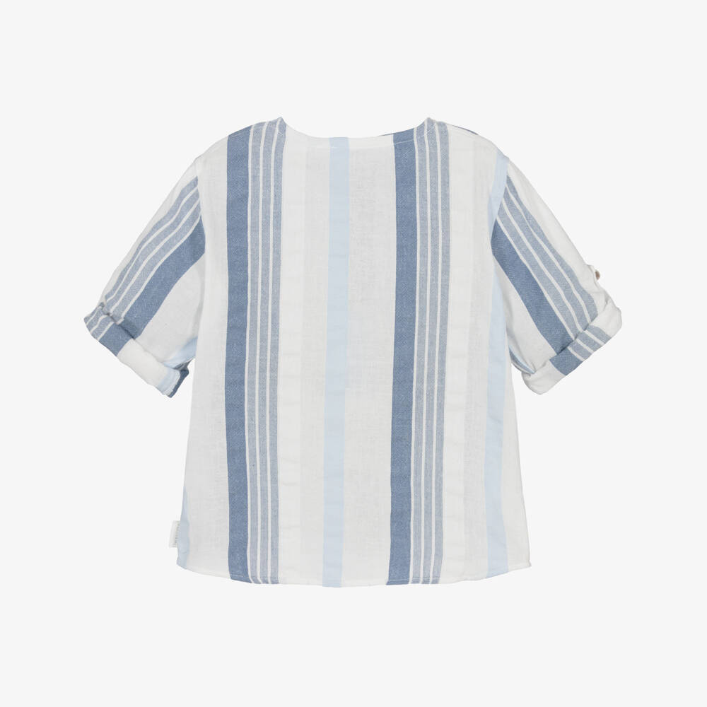 Laranjinha-Boys White & Blue Striped Cotton Collarless Shirt | Childrensalon Outlet
