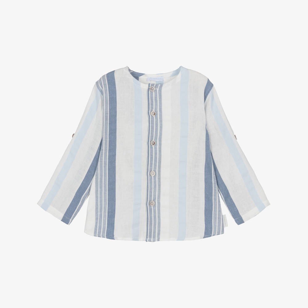 Laranjinha-Boys White & Blue Striped Cotton Collarless Shirt | Childrensalon Outlet