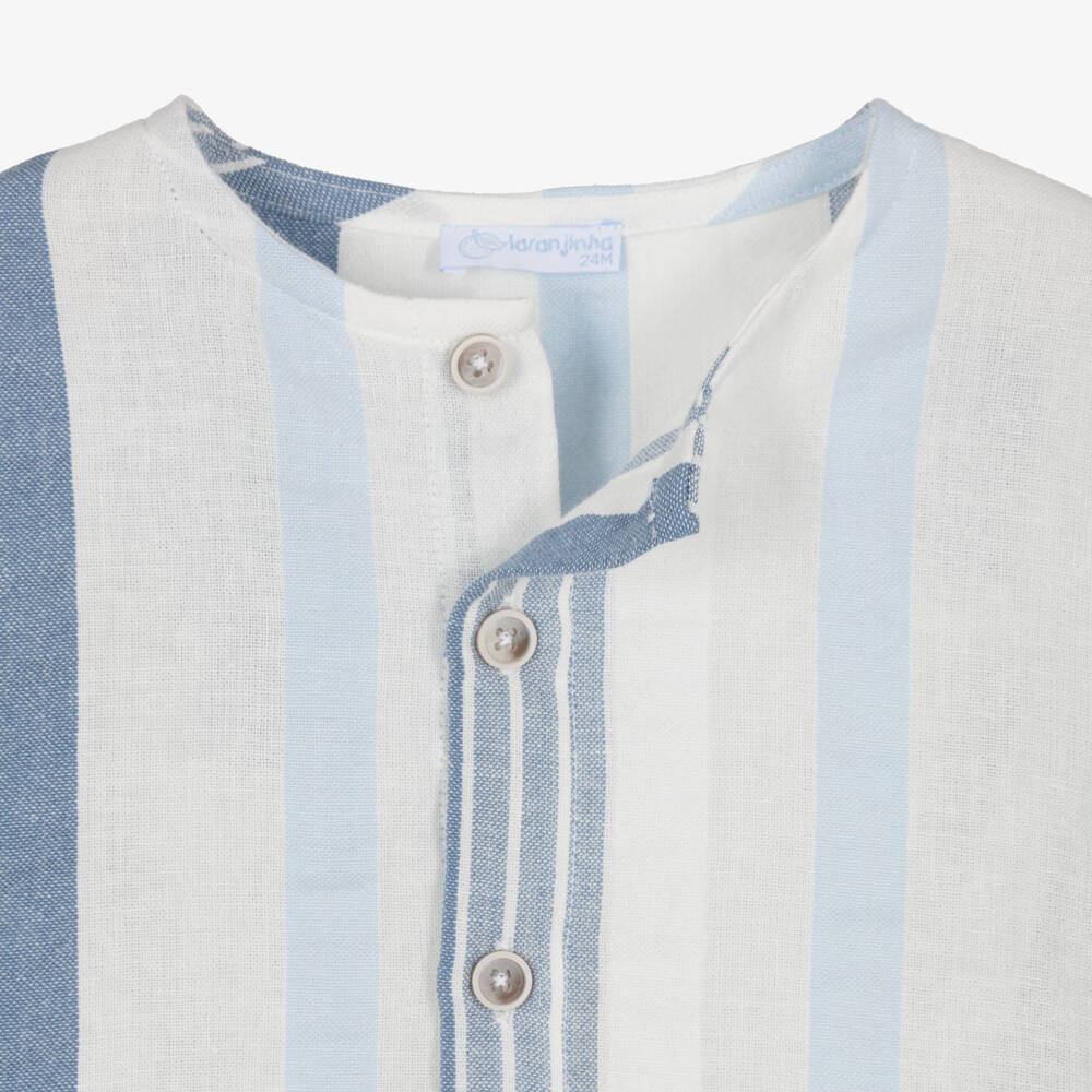 Laranjinha-Boys White & Blue Striped Cotton Collarless Shirt | Childrensalon Outlet