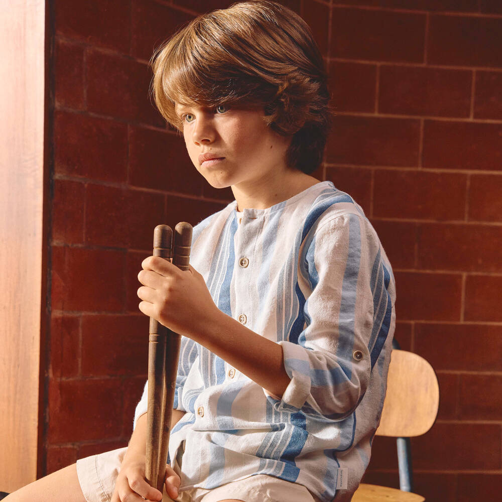 Laranjinha-Boys White & Blue Striped Cotton Collarless Shirt | Childrensalon Outlet