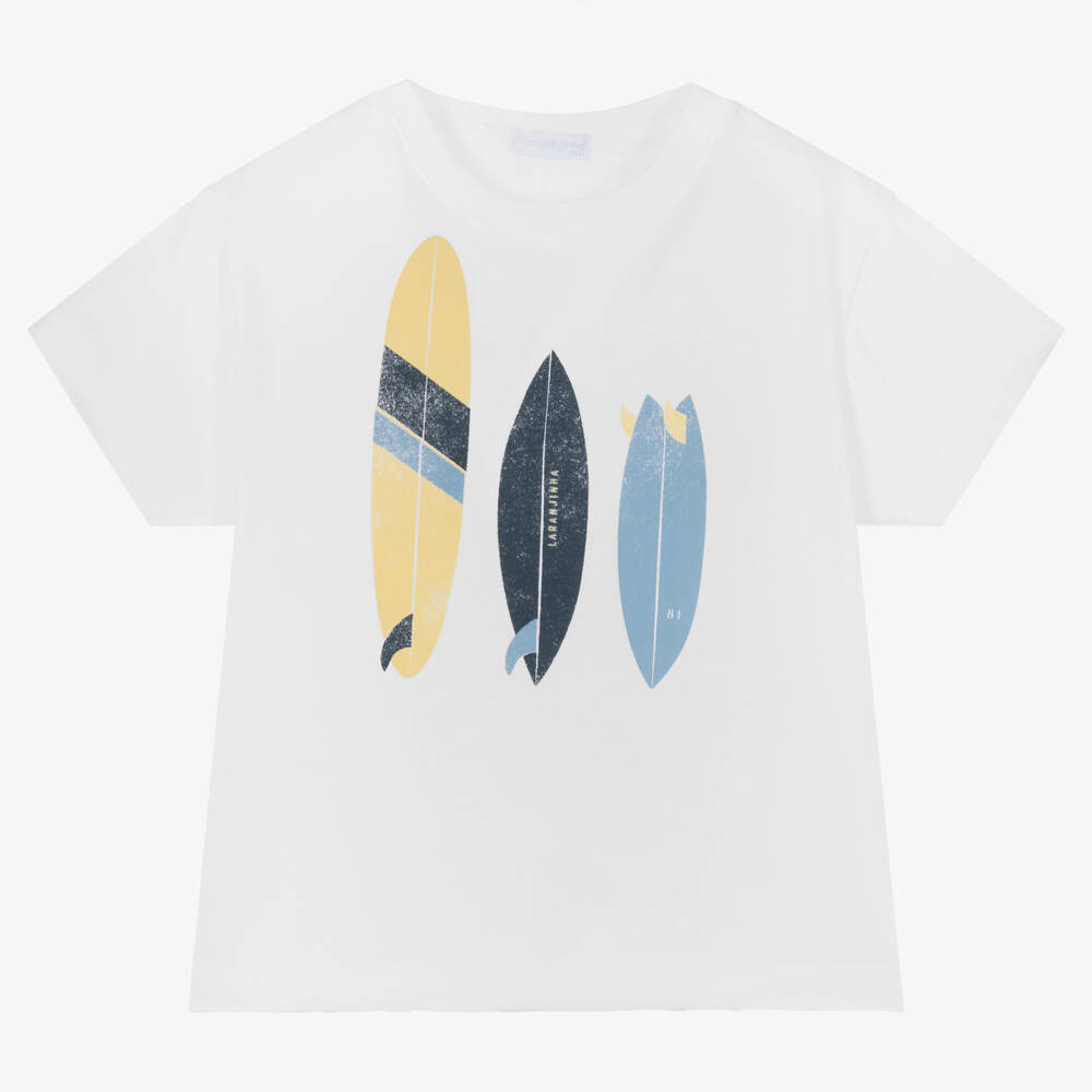 Laranjinha - Boys White Cotton Surfboard T-Shirt | Childrensalon