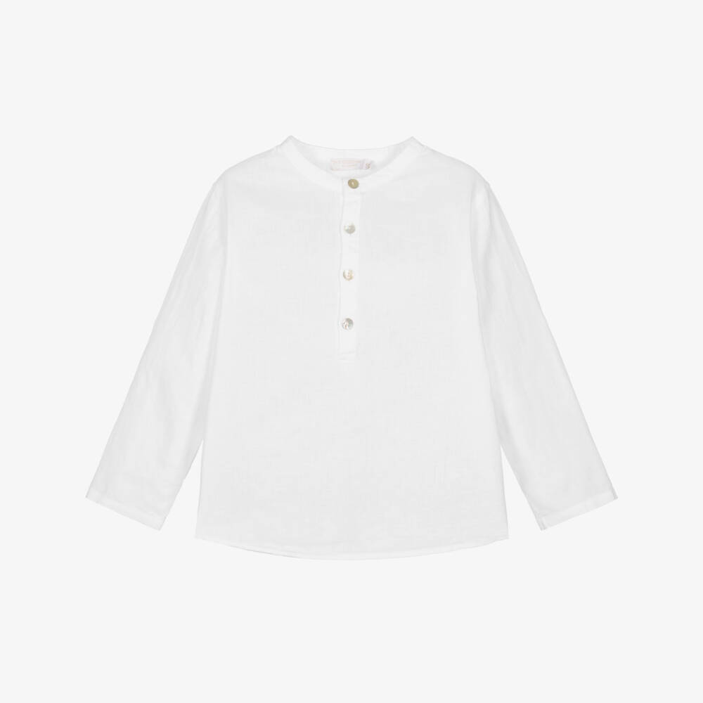 Laranjinha-Boys White Linen Blend Collarless Shirt | Childrensalon Outlet