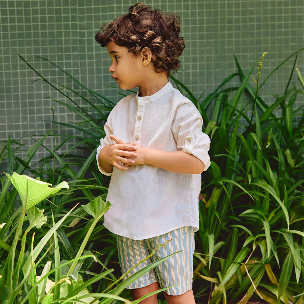 Laranjinha-Boys White Linen Blend Collarless Shirt | Childrensalon Outlet