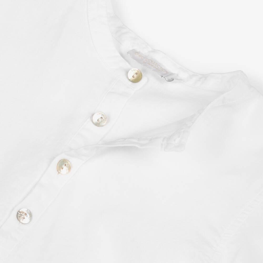 Laranjinha-Boys White Linen Blend Collarless Shirt | Childrensalon Outlet