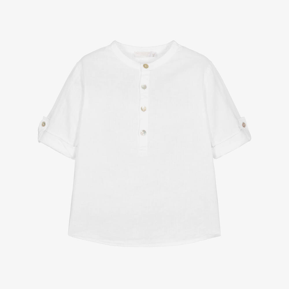 Laranjinha-Boys White Linen Blend Collarless Shirt | Childrensalon Outlet