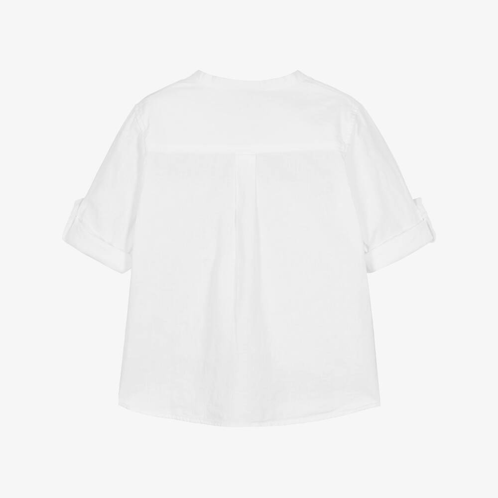 Laranjinha-Boys White Linen Blend Collarless Shirt | Childrensalon Outlet