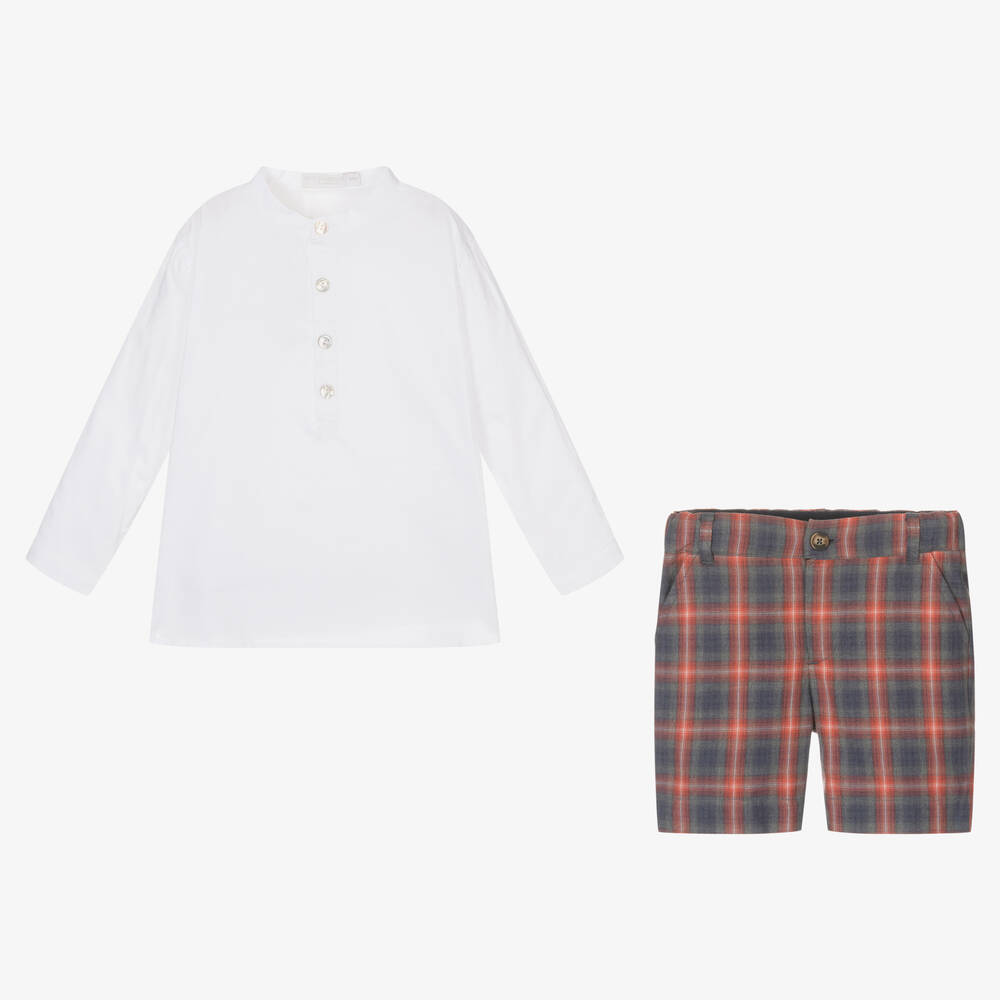 لارانجينا-طقم شورت قطن كاروهات لون أبيض وأحمر للأولاد | Childrensalon Outlet
