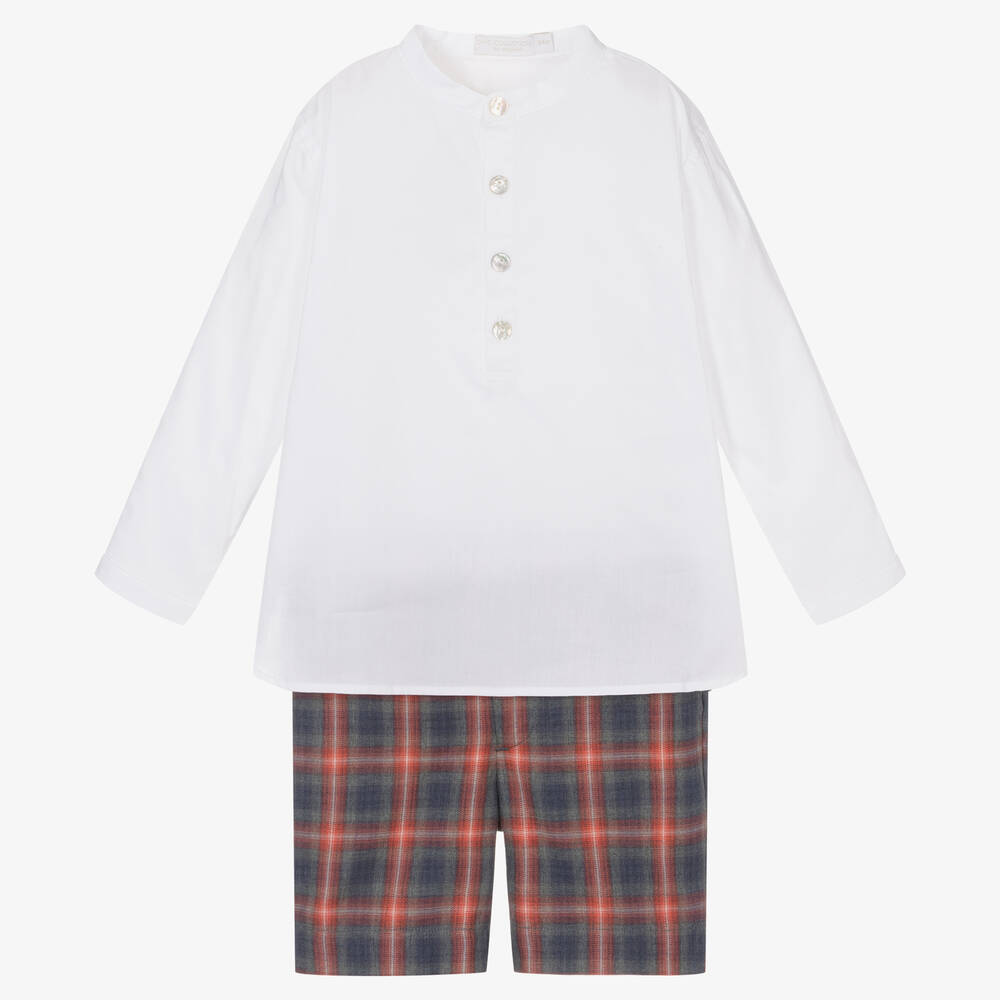 Laranjinha-Boys White & Red Check Cotton Shorts Set | Childrensalon Outlet