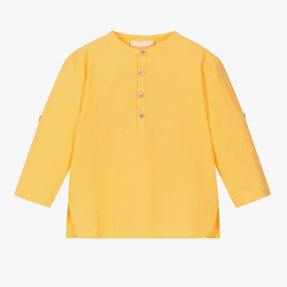 Laranjinha - Boys Yellow Linen & Cotton Popover Shirt | Childrensalon