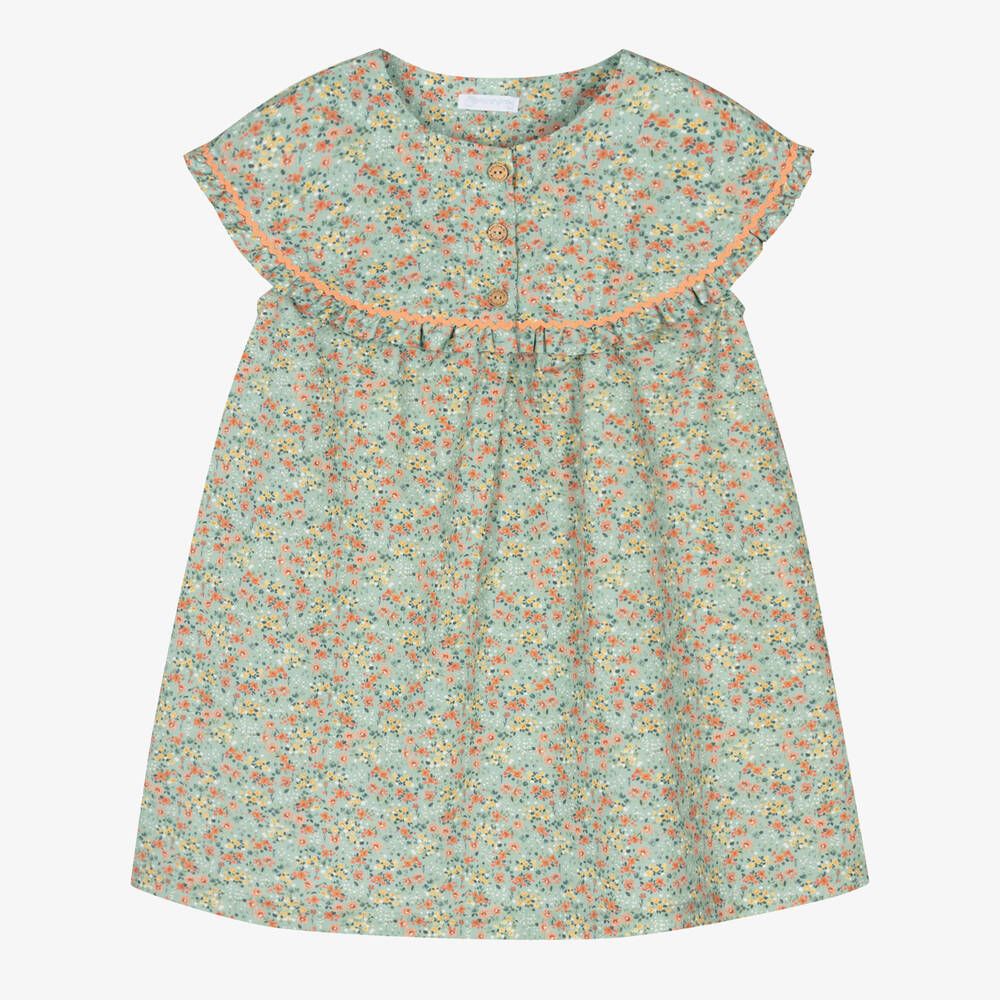 Laranjinha - Girls Aqua Green Floral Print Dress | Childrensalon