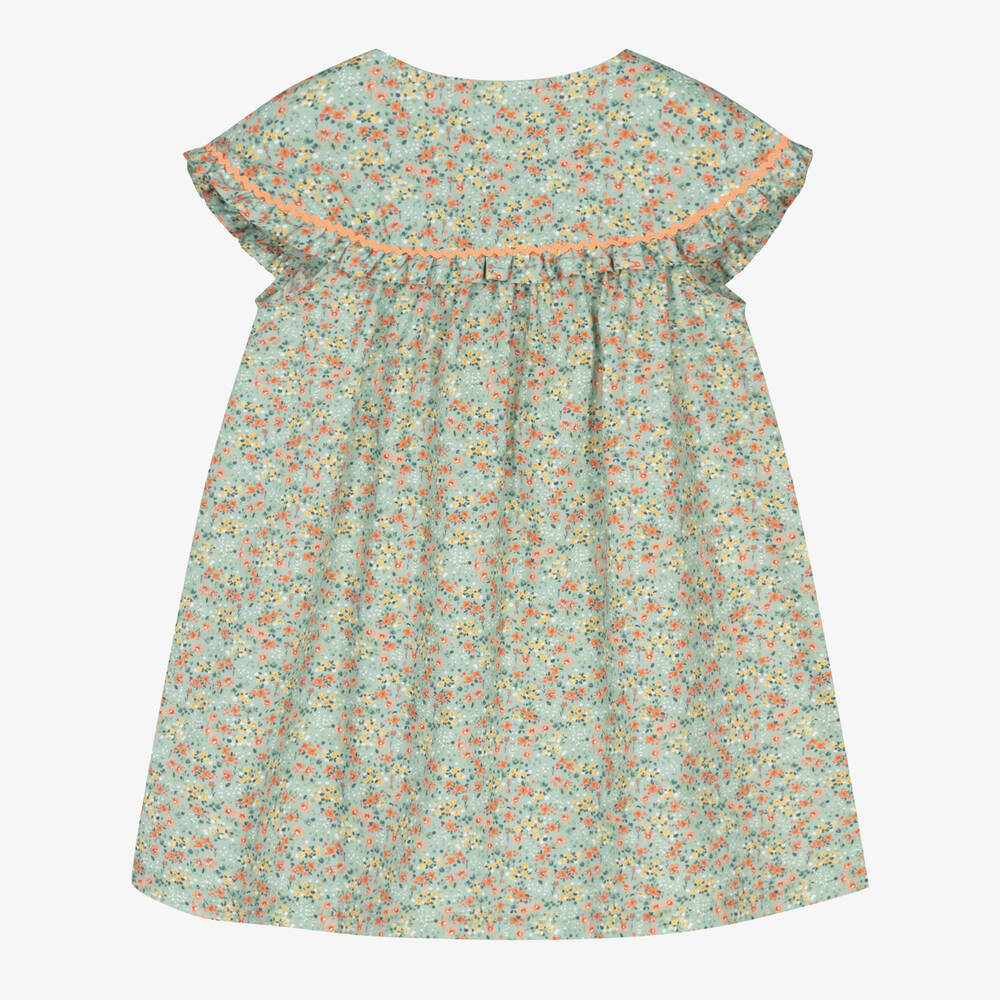 Laranjinha-فستان قطن بوبلين لون أخضر أكوا بطبعة ورود | Childrensalon Outlet