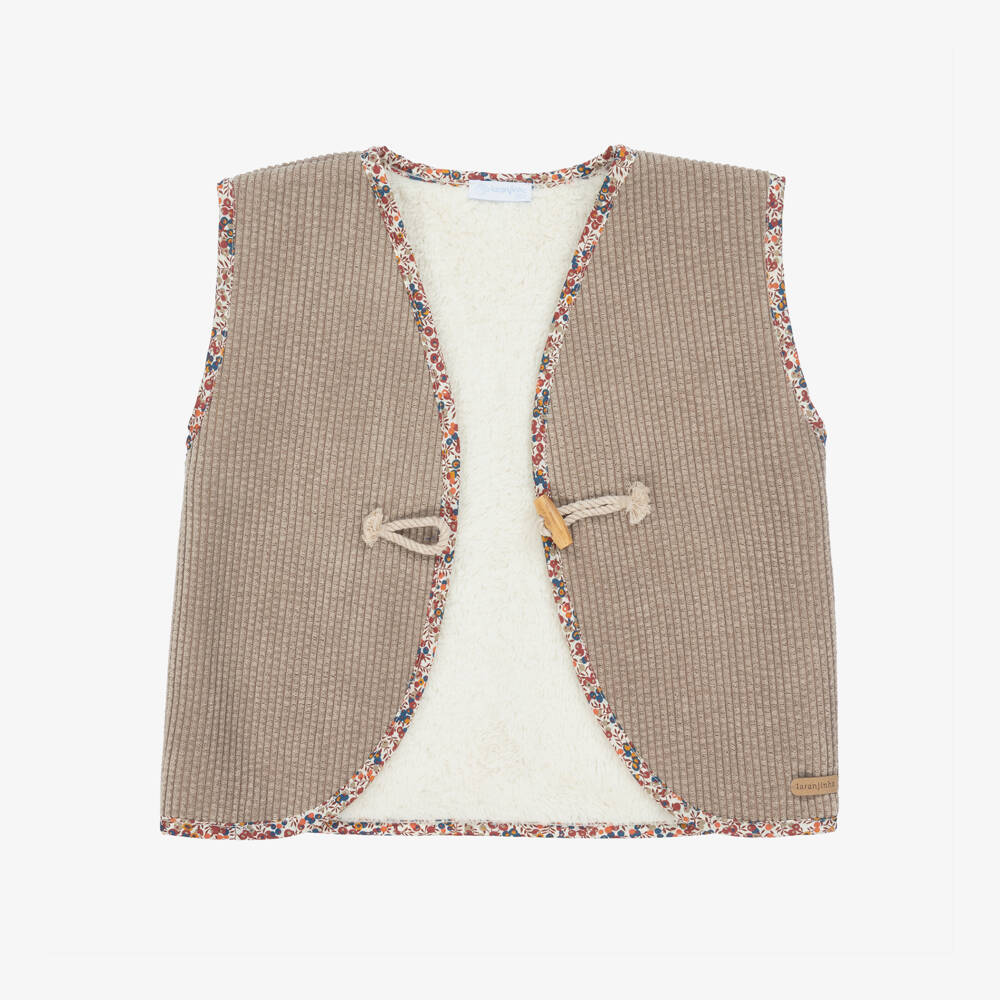 Laranjinha-Girls Beige Corduroy Waistcoat with Floral Trim | Childrensalon Outlet