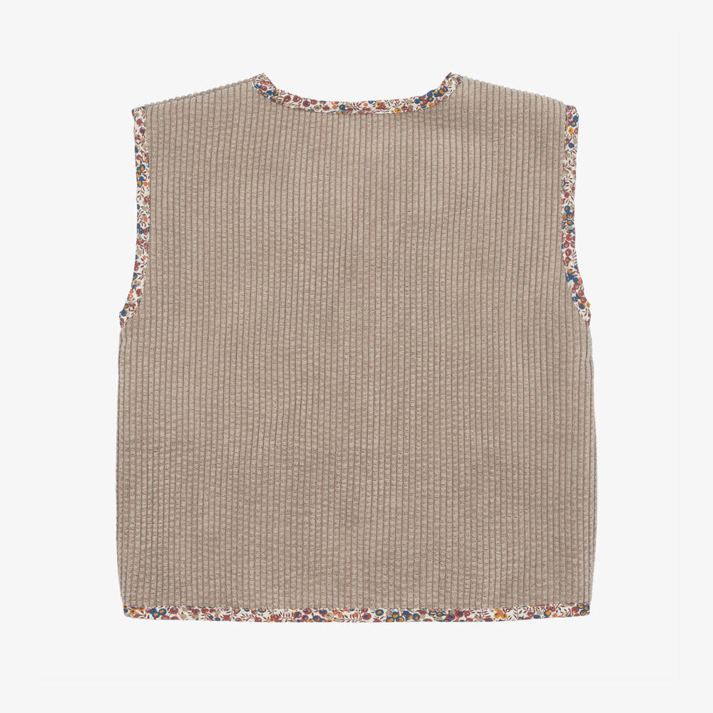 Laranjinha-Girls Beige Corduroy Waistcoat with Floral Trim | Childrensalon Outlet