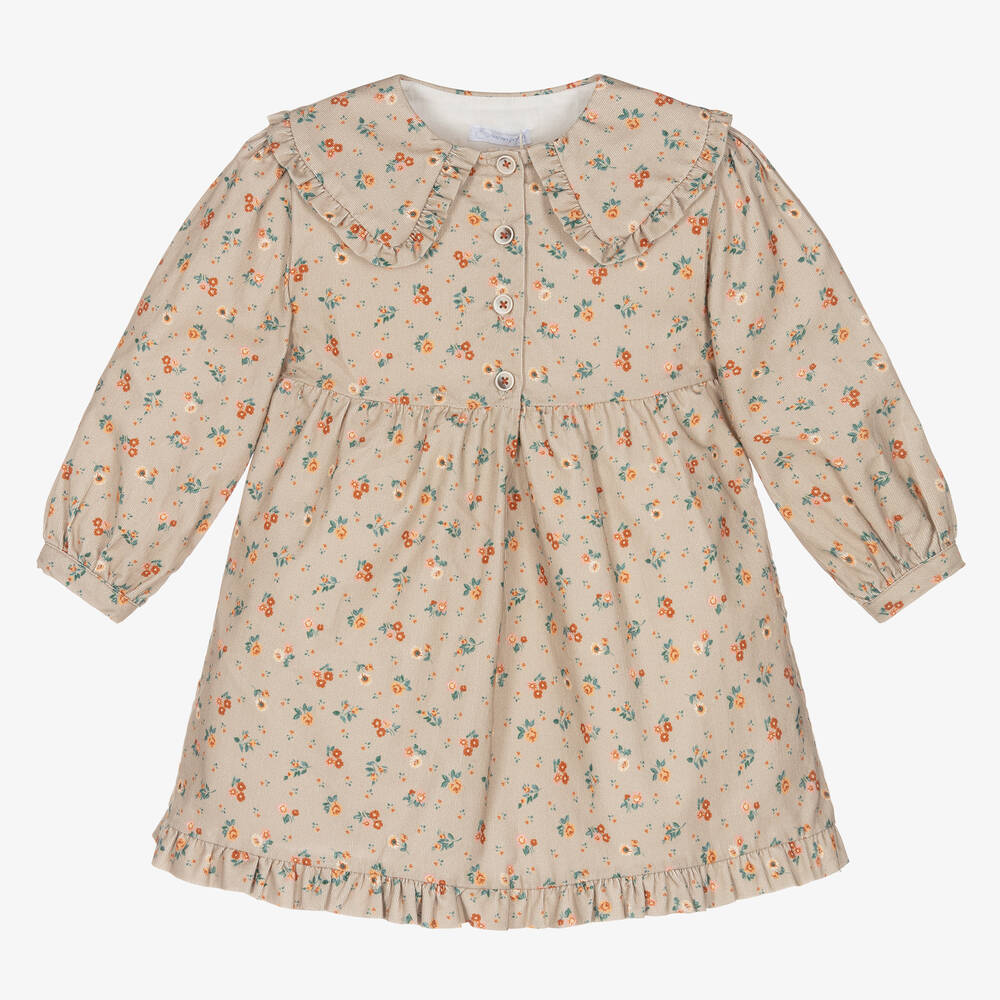 Laranjinha - Girls Beige Floral Corduroy Dress | Childrensalon