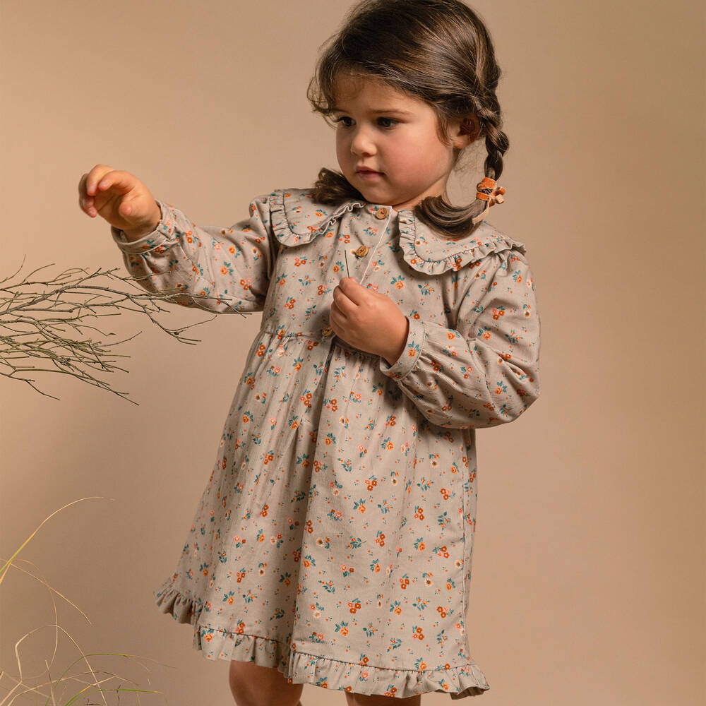 Laranjinha-Girls Beige Floral Corduroy Dress | Childrensalon Outlet