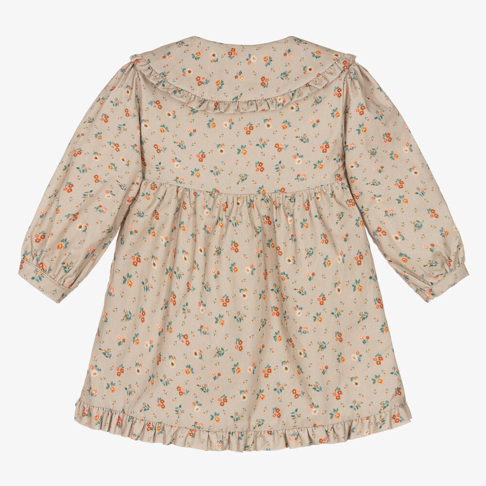 Laranjinha-Girls Beige Floral Corduroy Dress | Childrensalon Outlet