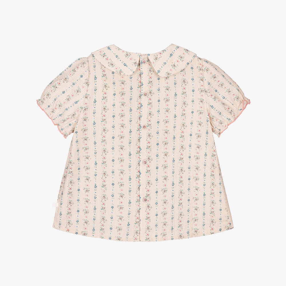 Laranjinha-Girls Beige Floral Print Cotton Seersucker Blouse | Childrensalon Outlet