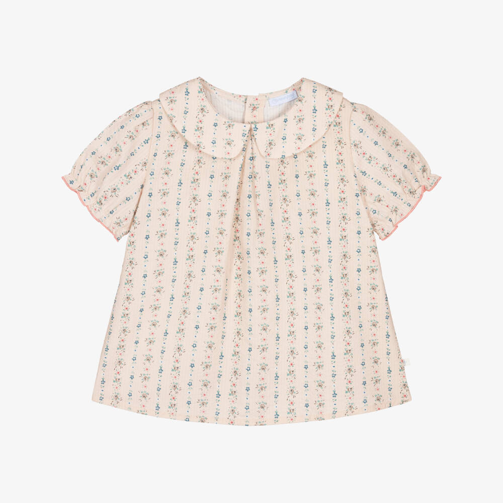 Laranjinha-Girls Beige Floral Print Cotton Seersucker Blouse | Childrensalon Outlet