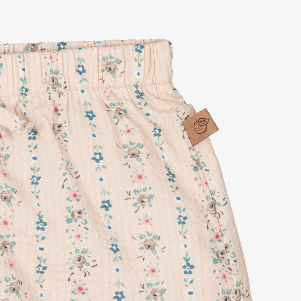 Laranjinha-Girls Beige Floral Print Cotton Seersucker Shorts | Childrensalon Outlet