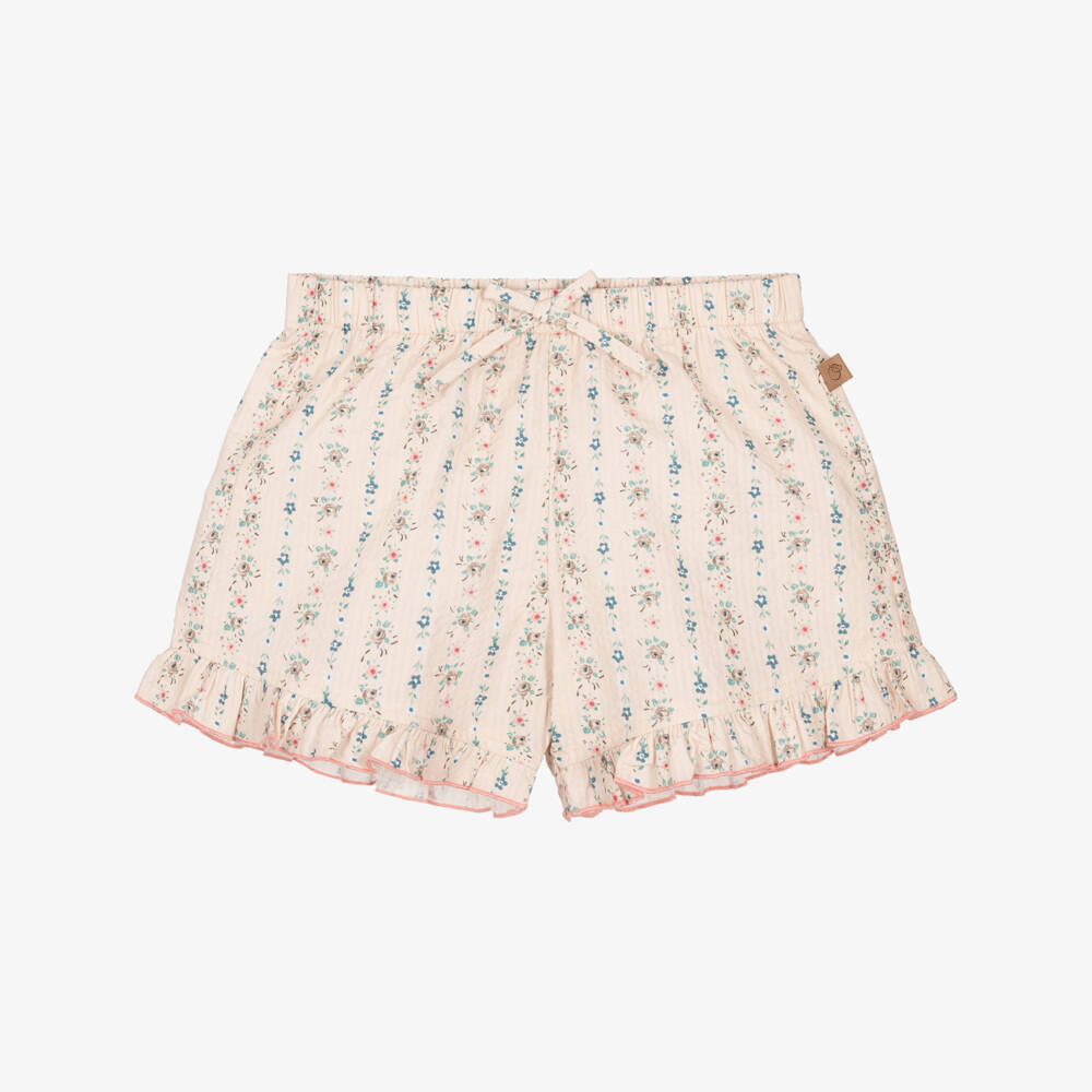 Laranjinha-Girls Beige Floral Print Cotton Seersucker Shorts | Childrensalon Outlet