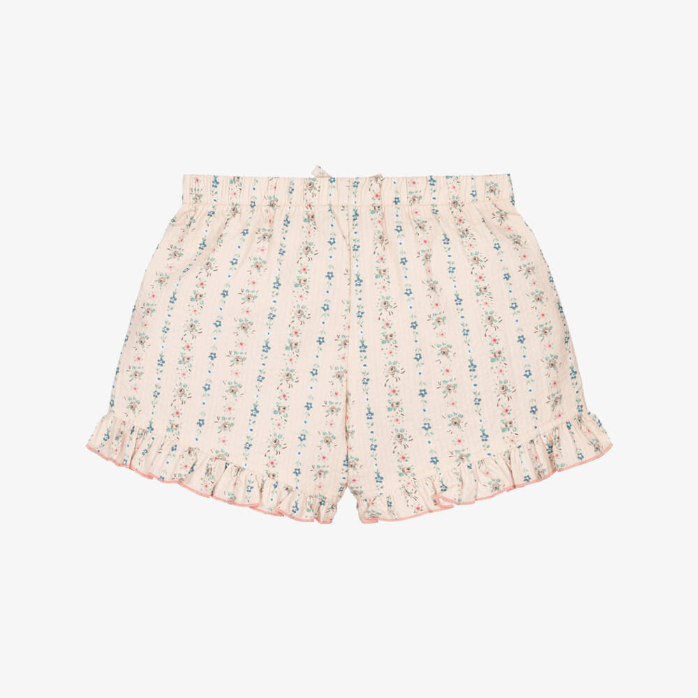 Laranjinha-Girls Beige Floral Print Cotton Seersucker Shorts | Childrensalon Outlet