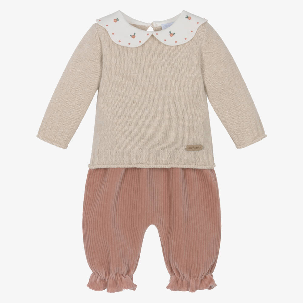 Laranjinha-Girls Beige & Pink Wool & Corduroy Trouser Set | Childrensalon Outlet