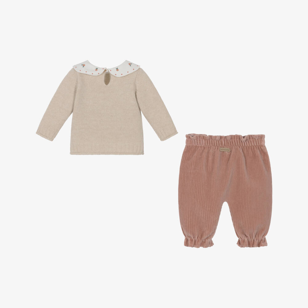 Laranjinha-Girls Beige & Pink Wool & Corduroy Trouser Set | Childrensalon Outlet