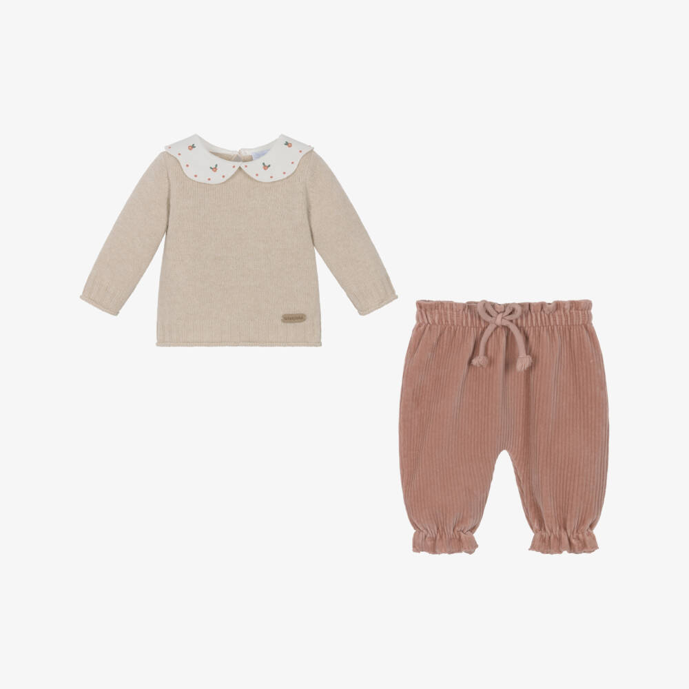 Laranjinha-Girls Beige & Pink Wool & Corduroy Trouser Set | Childrensalon Outlet
