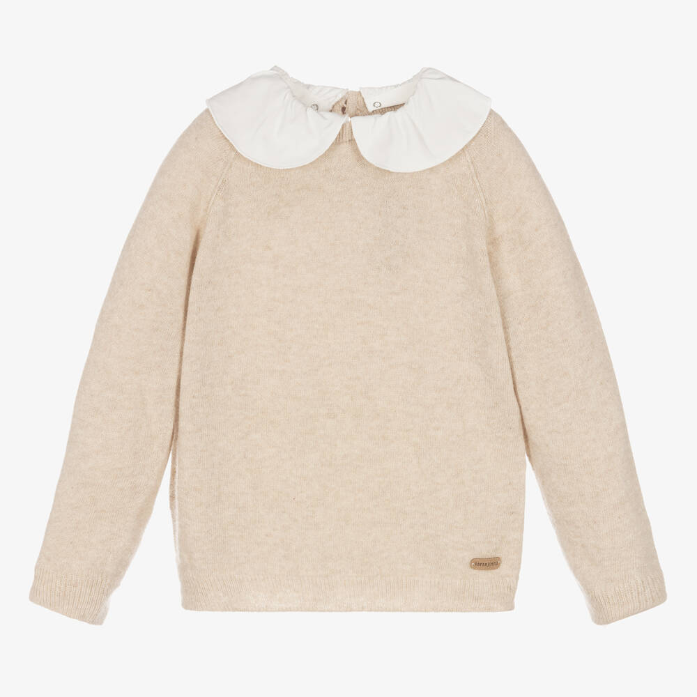 Laranjinha - Girls Beige Wool & Cashmere Sweater | Childrensalon