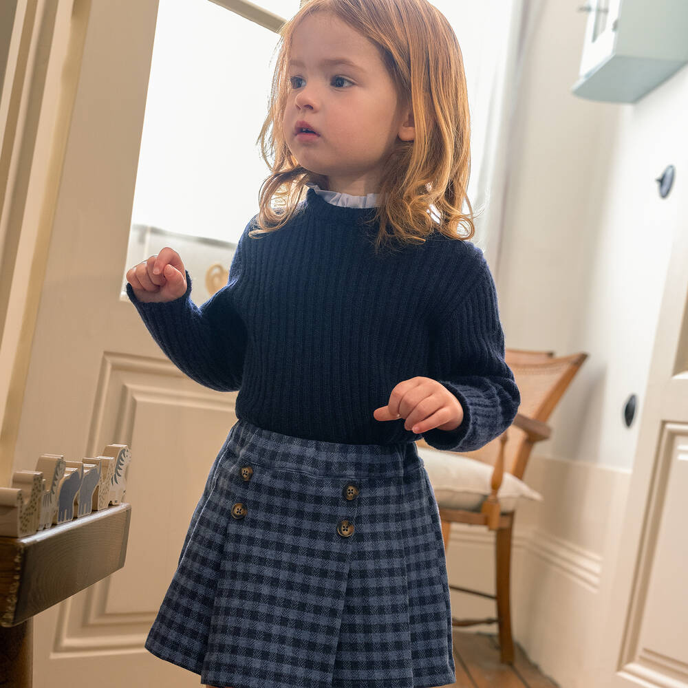 Laranjinha-Girls Blue Check Pleated Cotton Skort | Childrensalon Outlet