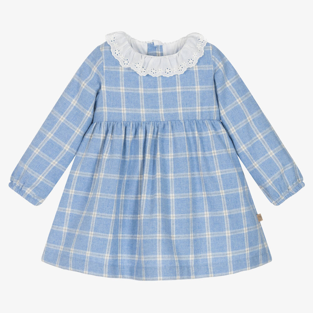 Chic by Laranjinha - Girls Blue Checked Cotton Dress | Childrensalon