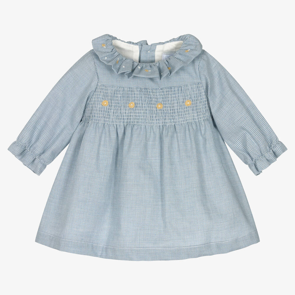 Chic by Laranjinha - Girls Blue Checked Cotton Dress | Childrensalon