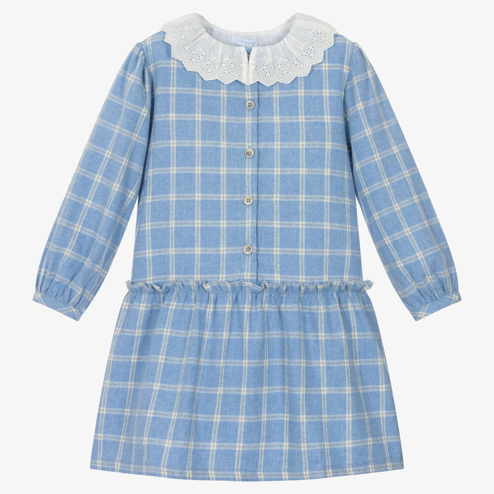 Laranjinha - Girls Blue Checked Cotton Dress | Childrensalon