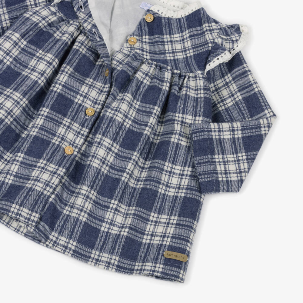 Laranjinha-Girls Blue Checked Cotton Dress with Lace Trim | Childrensalon Outlet