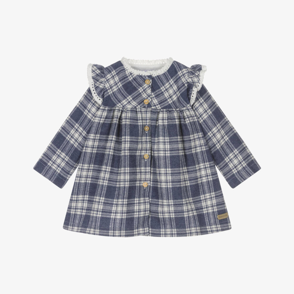 Laranjinha-Girls Blue Checked Cotton Dress with Lace Trim | Childrensalon Outlet