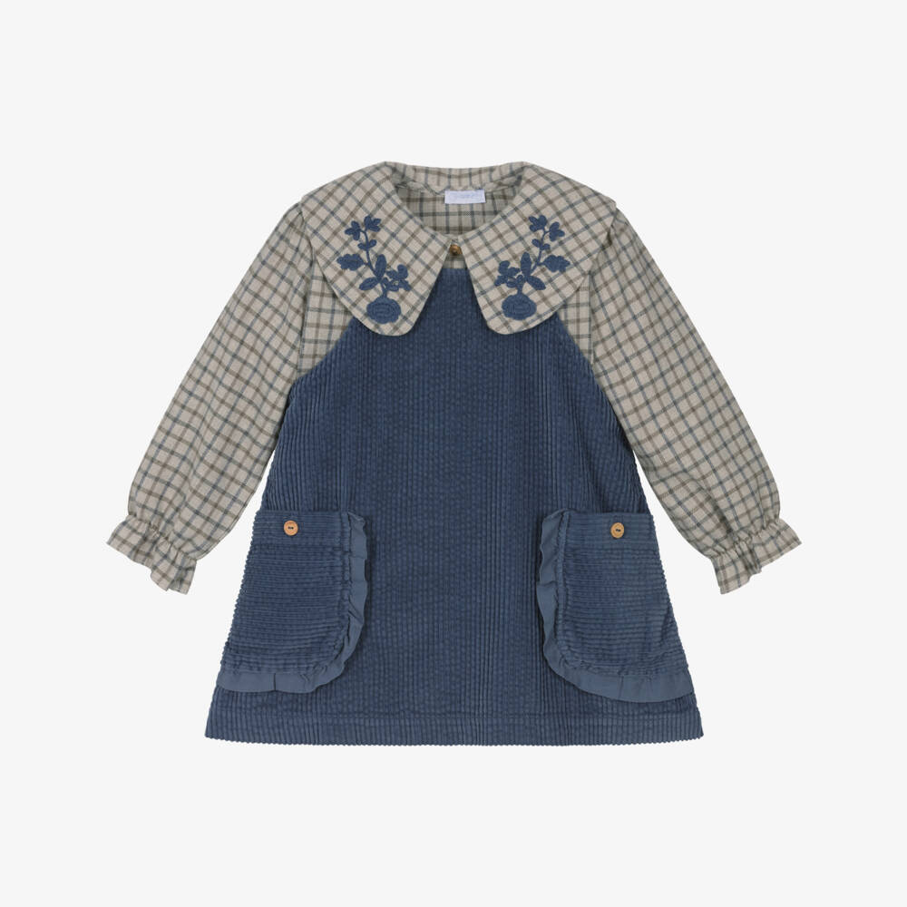 Laranjinha-Girls Blue Corduroy Pinafore Dress Set | Childrensalon Outlet