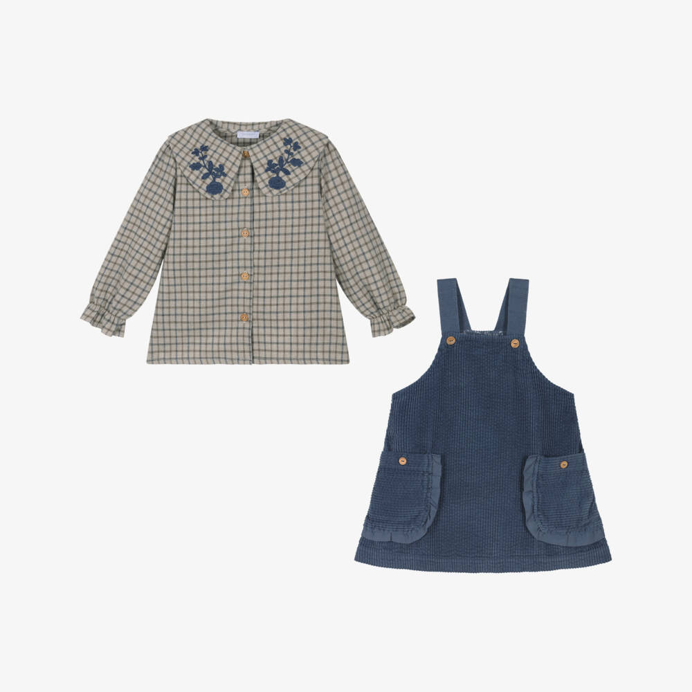 Laranjinha-Girls Blue Corduroy Pinafore Dress Set | Childrensalon Outlet