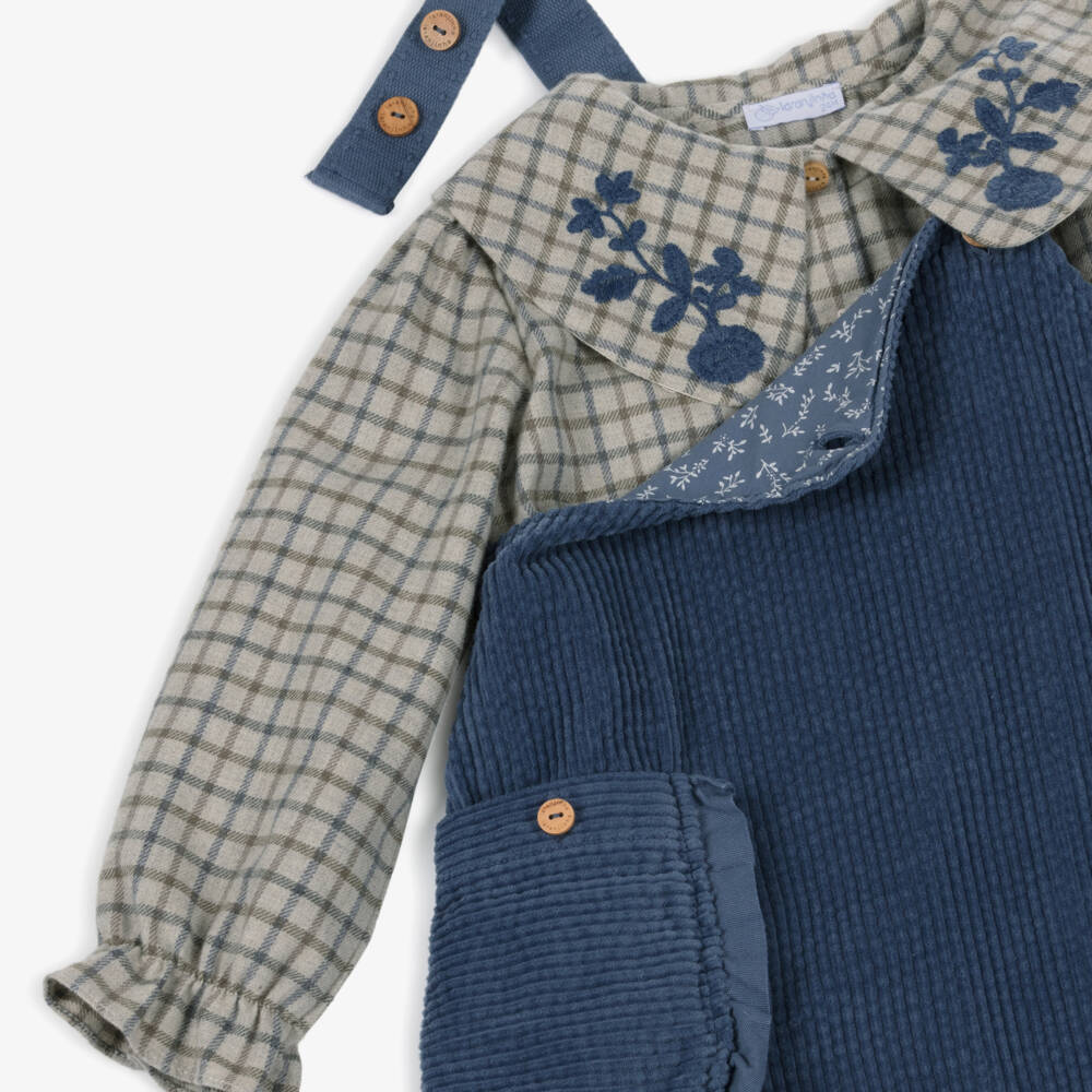 Laranjinha-Girls Blue Corduroy Pinafore Dress Set | Childrensalon Outlet