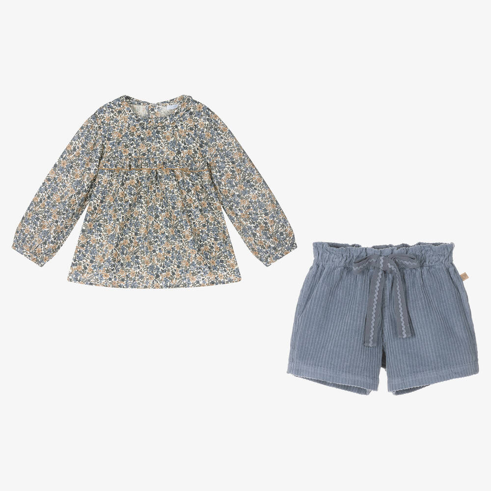 Laranjinha-Girls Blue Cotton Blouse & Shorts Set | Childrensalon Outlet