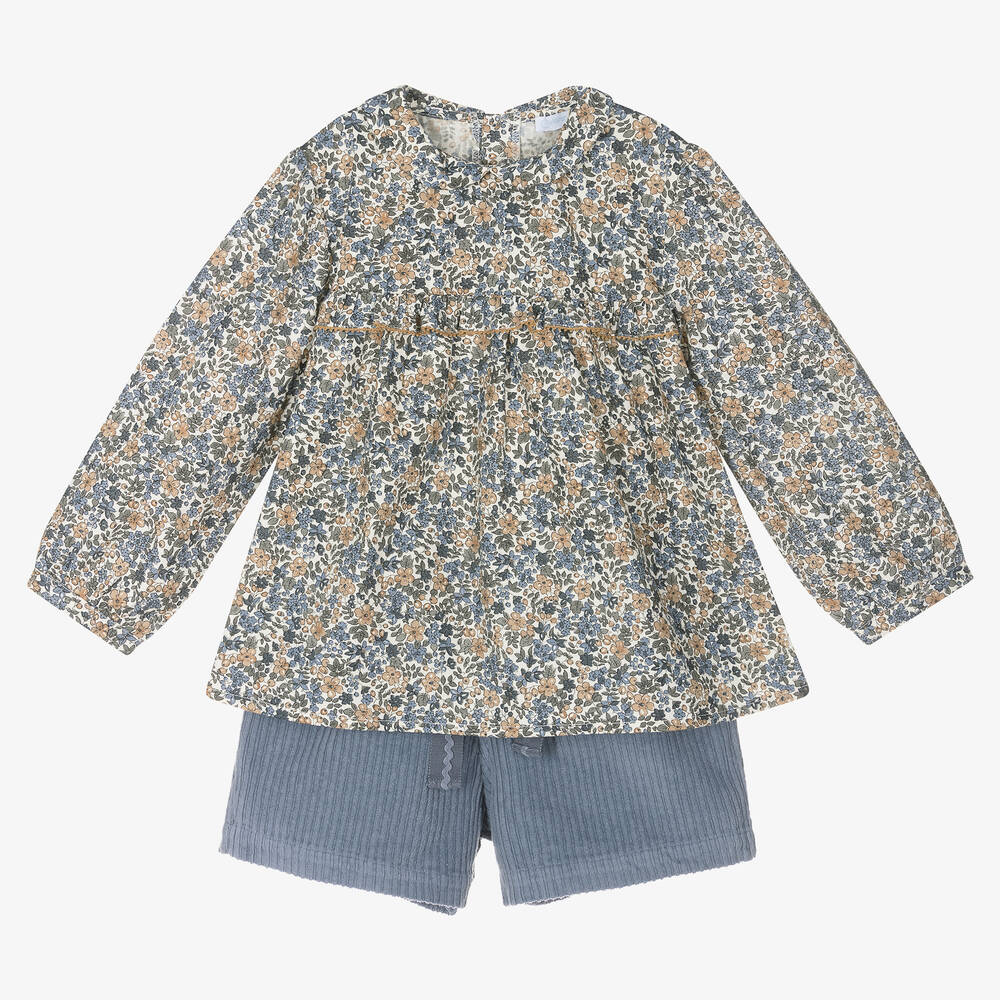 Laranjinha-Girls Blue Cotton Blouse & Shorts Set | Childrensalon Outlet