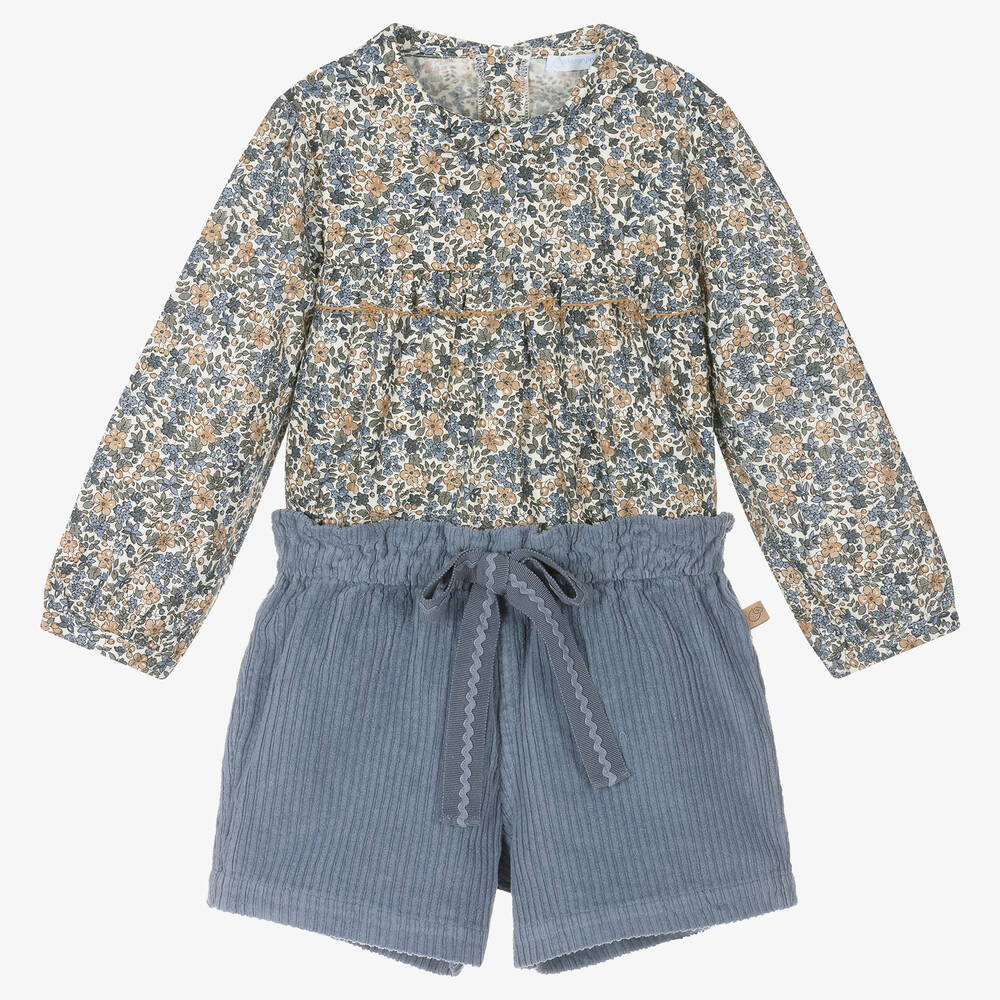 Laranjinha - Girls Blue Cotton Blouse & Shorts Set | Childrensalon