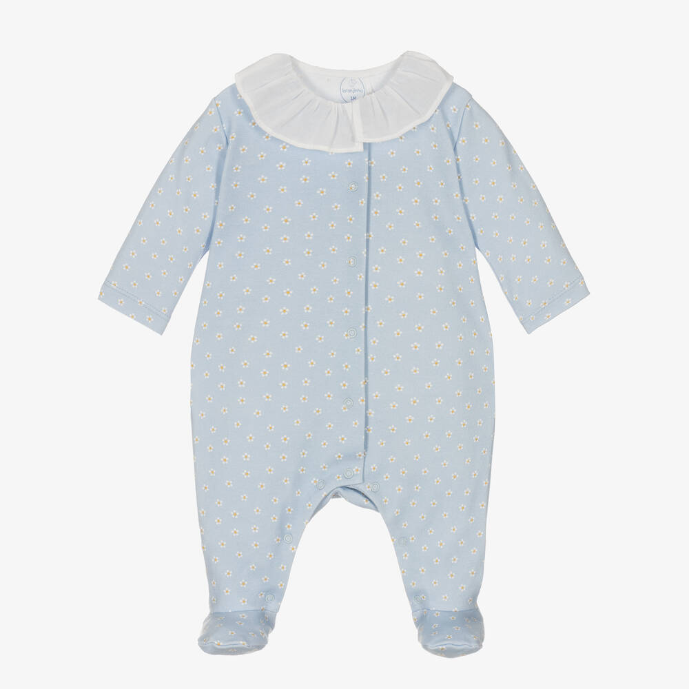 Laranjinha - Girls Blue Cotton Daisy Print Babygrow | Childrensalon