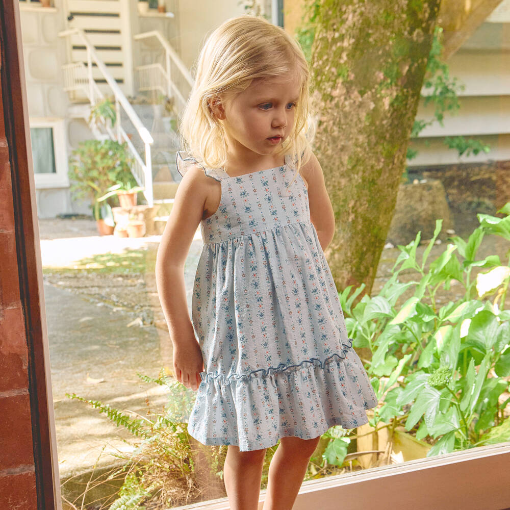 Laranjinha-Girls Blue Cotton Floral Print Sun Dress | Childrensalon Outlet