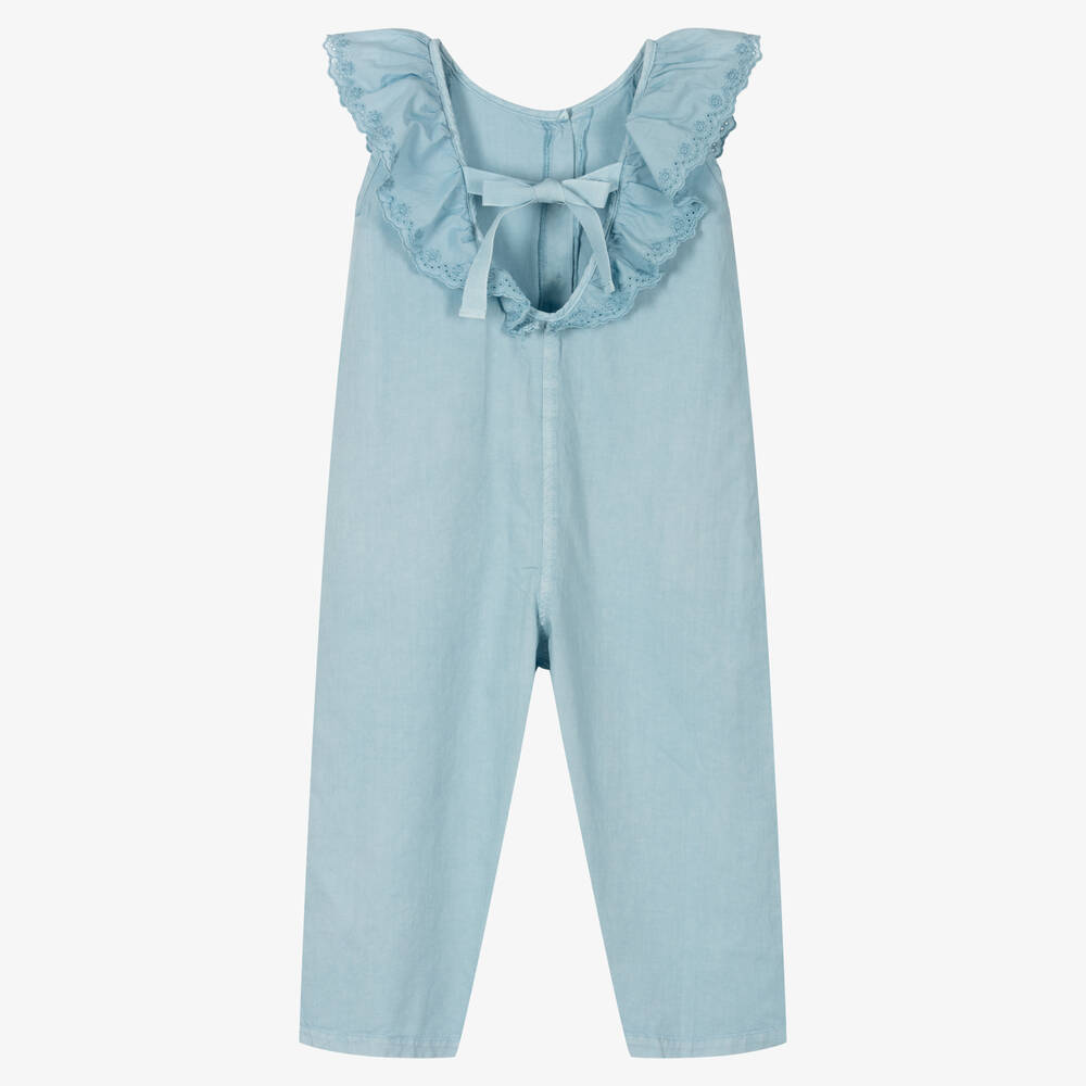 Laranjinha-Girls Blue Cotton Frill Jumpsuit | Childrensalon Outlet