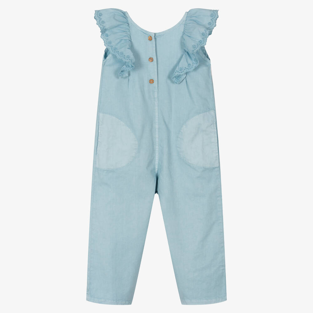 Laranjinha - Blauer Rüschen-Baumwoll-Jumpsuit | Childrensalon