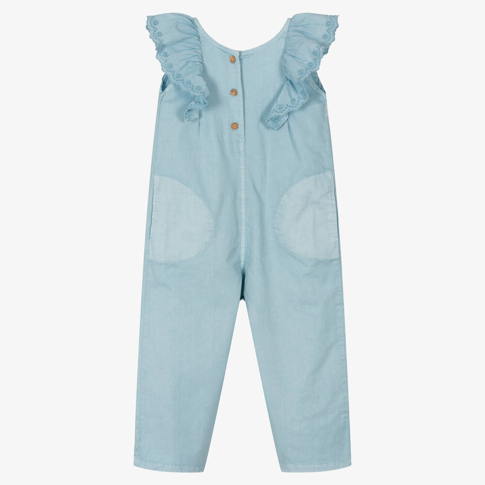 Laranjinha - Girls Blue Cotton Frill Jumpsuit | Childrensalon