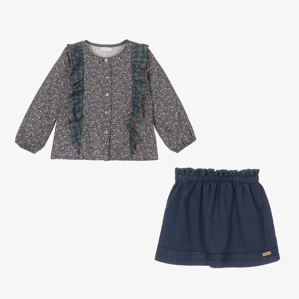 لارانجينا-طقم تنورة قطن لون أزرق بطبعة ورود | Childrensalon Outlet