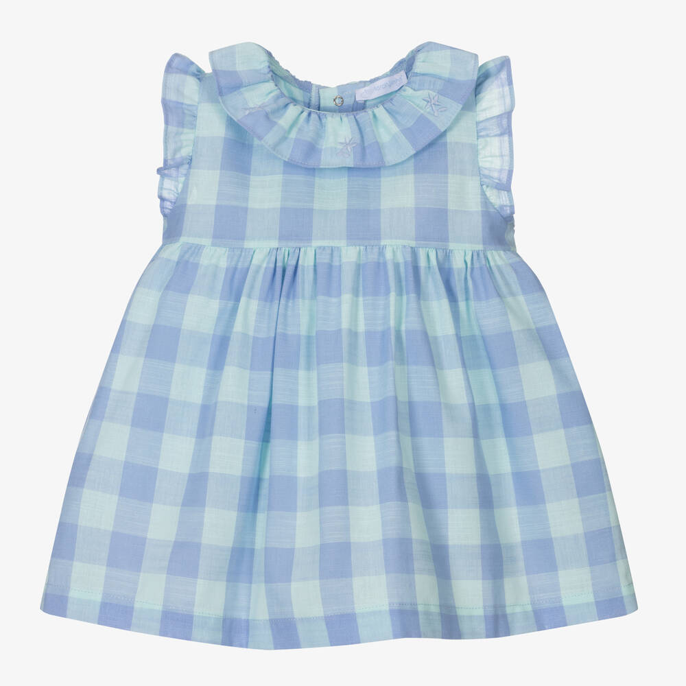 Laranjinha - Girls Blue & Green Checked Cotton Dress | Childrensalon