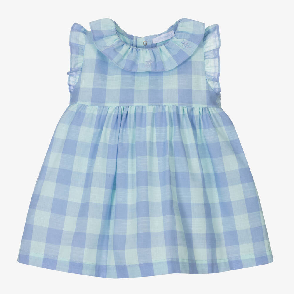 Laranjinha-فستان أطفال بناتي قطن كاروهات لون أزرق وأخضر | Childrensalon Outlet